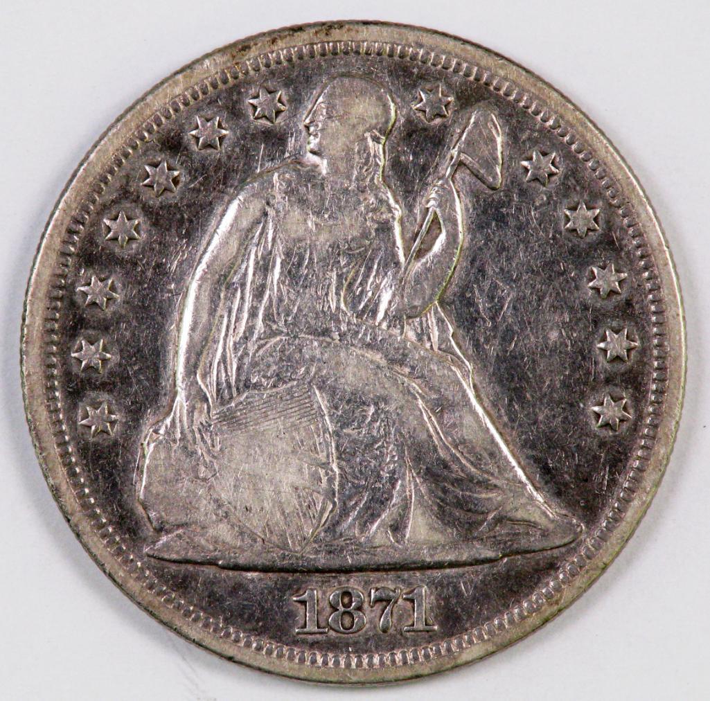 1871 P Seated Liberty Silver Dollar.