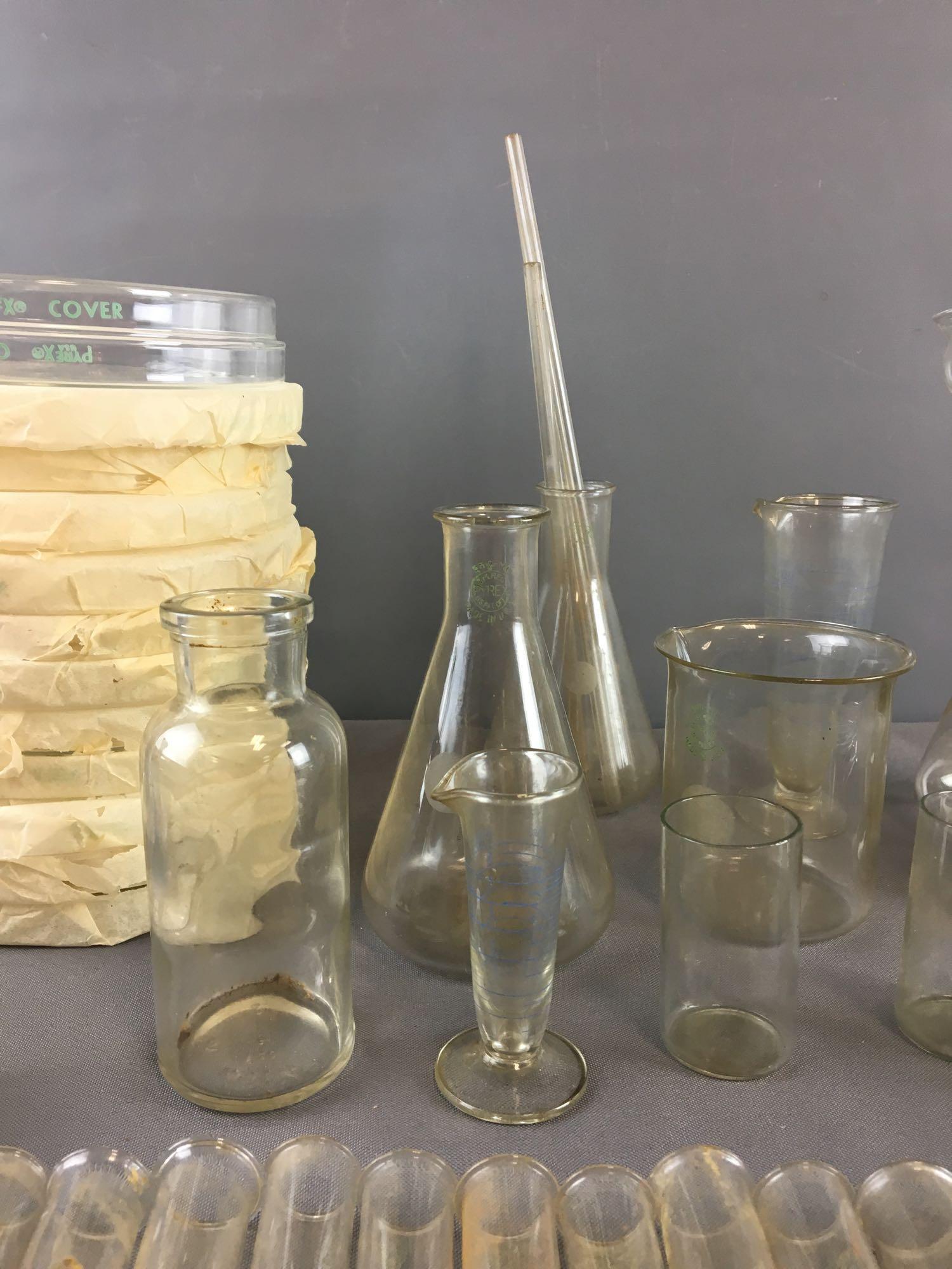 Group of Pyrex Beakers, Test tubes, Pyrex Covers and more