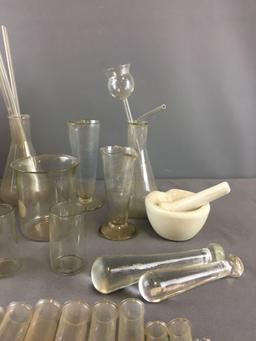 Group of Pyrex Beakers, Test tubes, Pyrex Covers and more