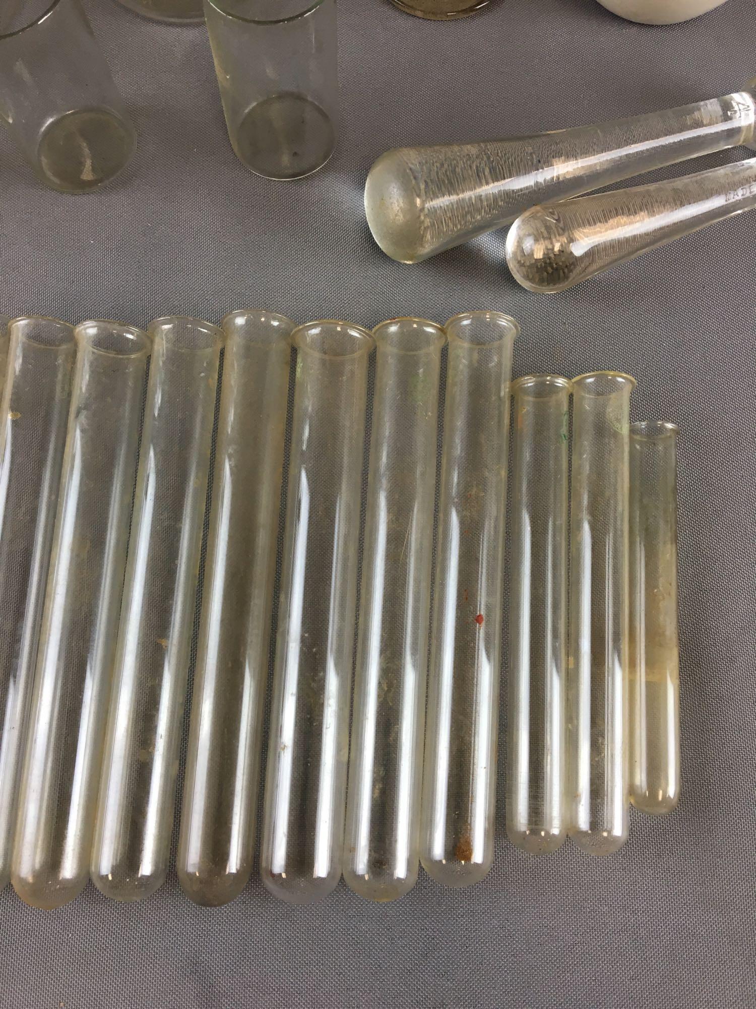Group of Pyrex Beakers, Test tubes, Pyrex Covers and more