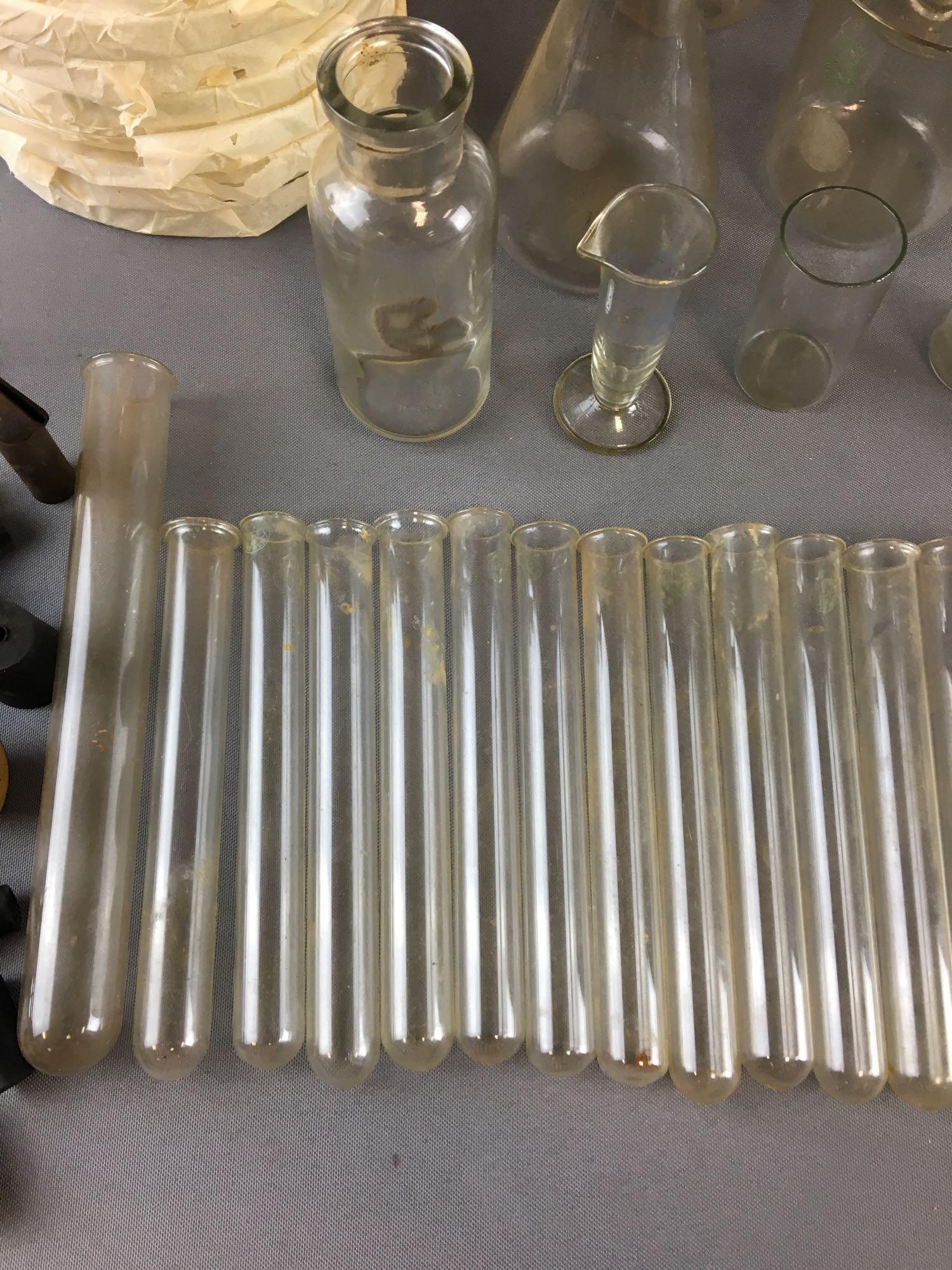 Group of Pyrex Beakers, Test tubes, Pyrex Covers and more