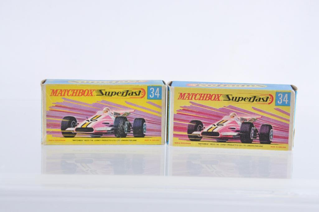 Group of 2 Matchbox Superfast No. 34 Formula 1 Racing Cars Die-Cast Vehicles with Original Boxes