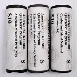 Group of (3) 2017 S, 2018 S & 2019 S America The Beautiful Quarters Program Unopened Mint Rolls.