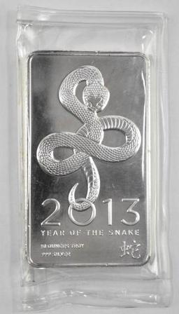 2013 Year of the Snake 10oz. .999 Fine Silver Ingot / Bar.