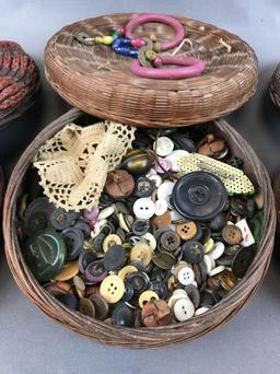 Group of 3 : Covered Baskets Filled with an Assortment of Vintage Buttons