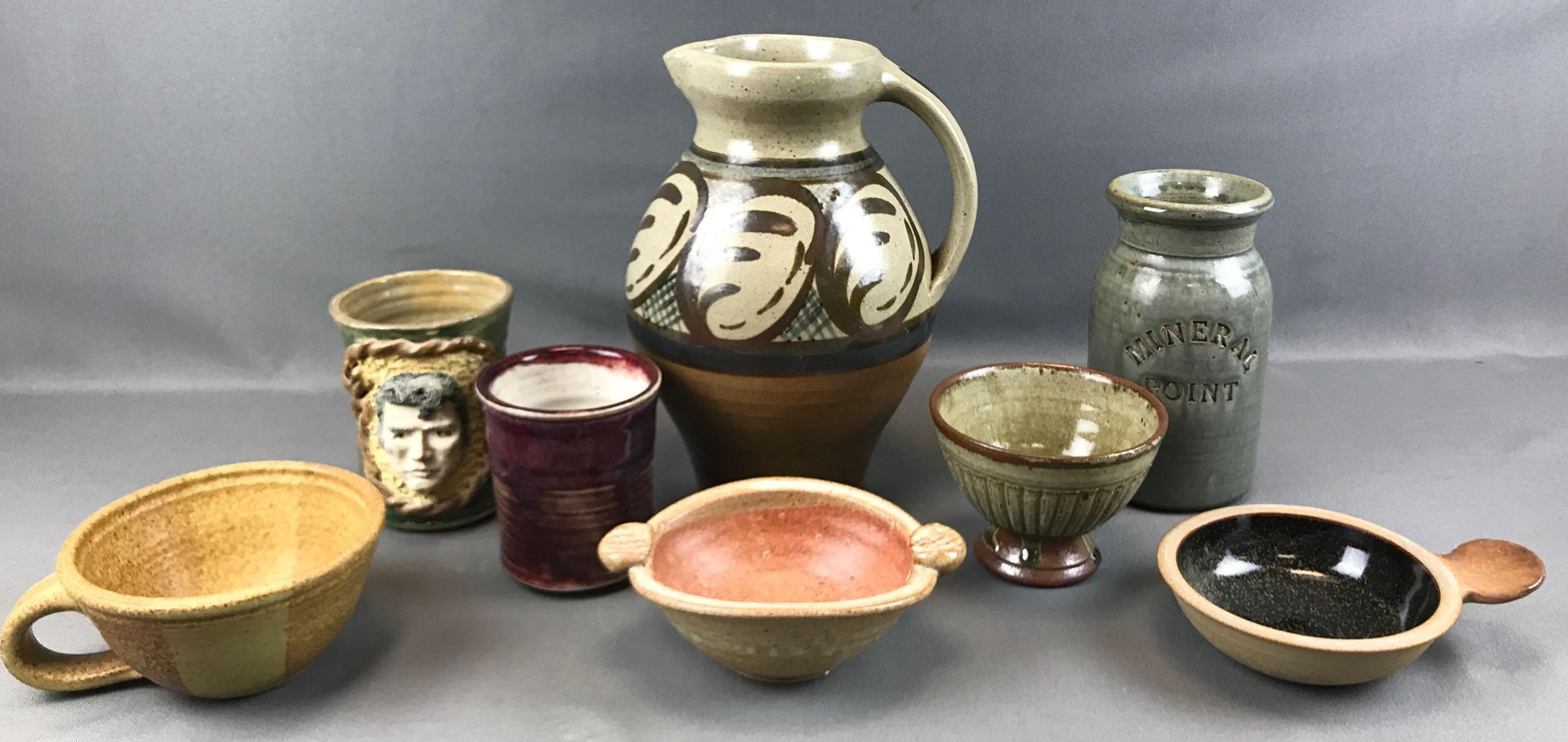 Group of 8 : Pottery Items - Bowls, Pitcher, and Mug