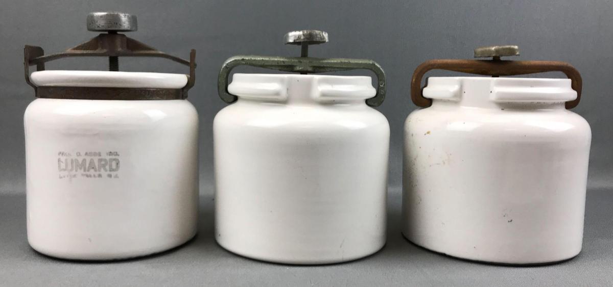 Group of 3 : Vintage Ball Mill Jars w/ Locking Tops