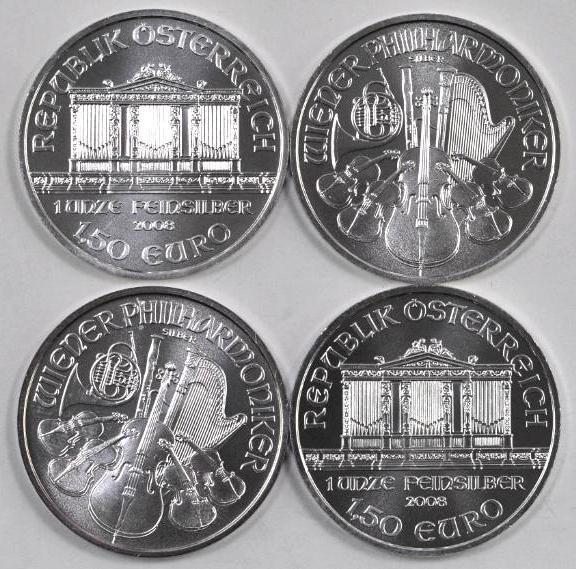Group of (4) Austria Philharmonic .999 Fine Silver Rounds.