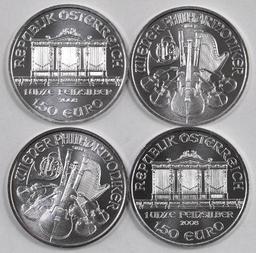 Group of (4) Austria Philharmonic .999 Fine Silver Rounds.