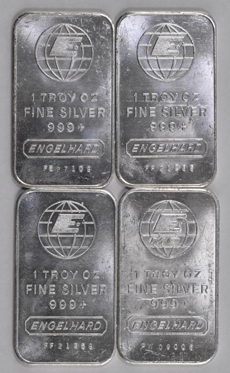 Group of (4) Engelhard 1oz. .999 Fine Silver Ingots / Bars.