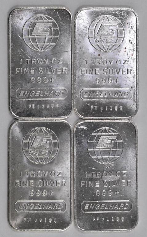 Group of (4) Engelhard 1oz. .999 Fine Silver Ingots / Bars.
