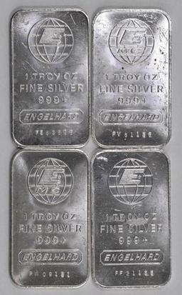 Group of (4) Engelhard 1oz. .999 Fine Silver Ingots / Bars.