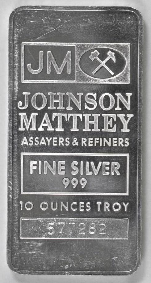 Johnson Matthey 10oz. .999 Fine Silver Ingot / Bar.