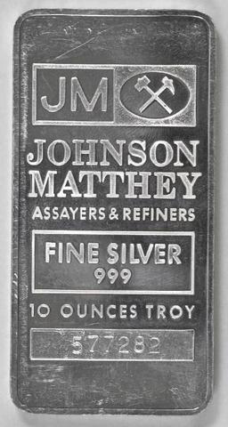 Johnson Matthey 10oz. .999 Fine Silver Ingot / Bar.
