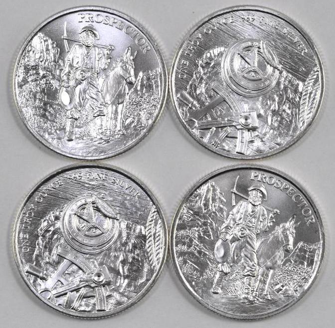 Group of (4) Prospector Design 1oz. .999 Fine Silver Rounds.