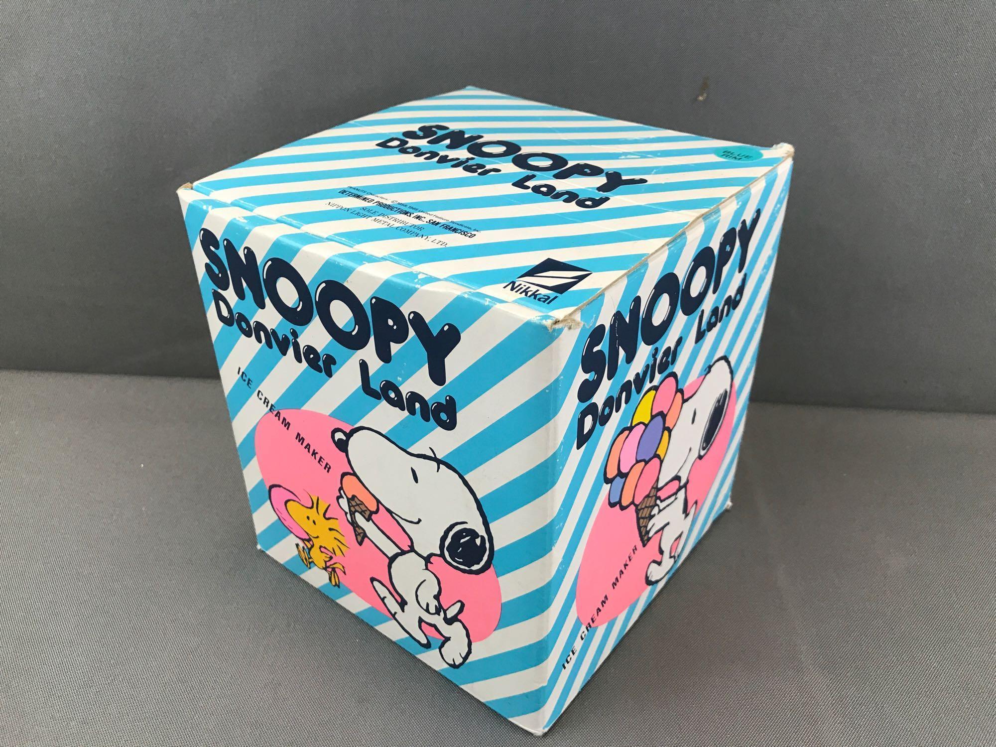 Vintage Donvier Land Snoopy Ice Cream Maker in original packaging-blue