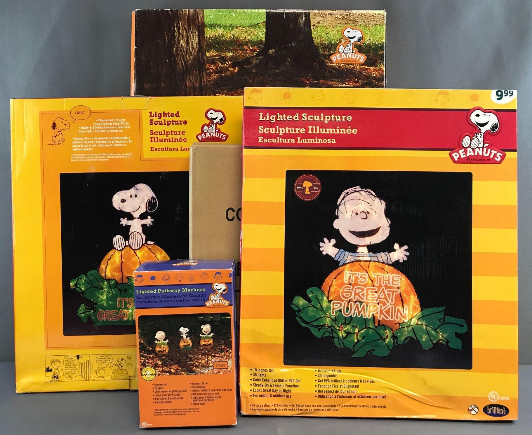 Group of 5 Peanuts Halloween Lighted Yard Art Sculptures in original boxes