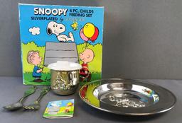 Silver plated by Godinger Snoopy 4-piece Childs Feeding Set in original box