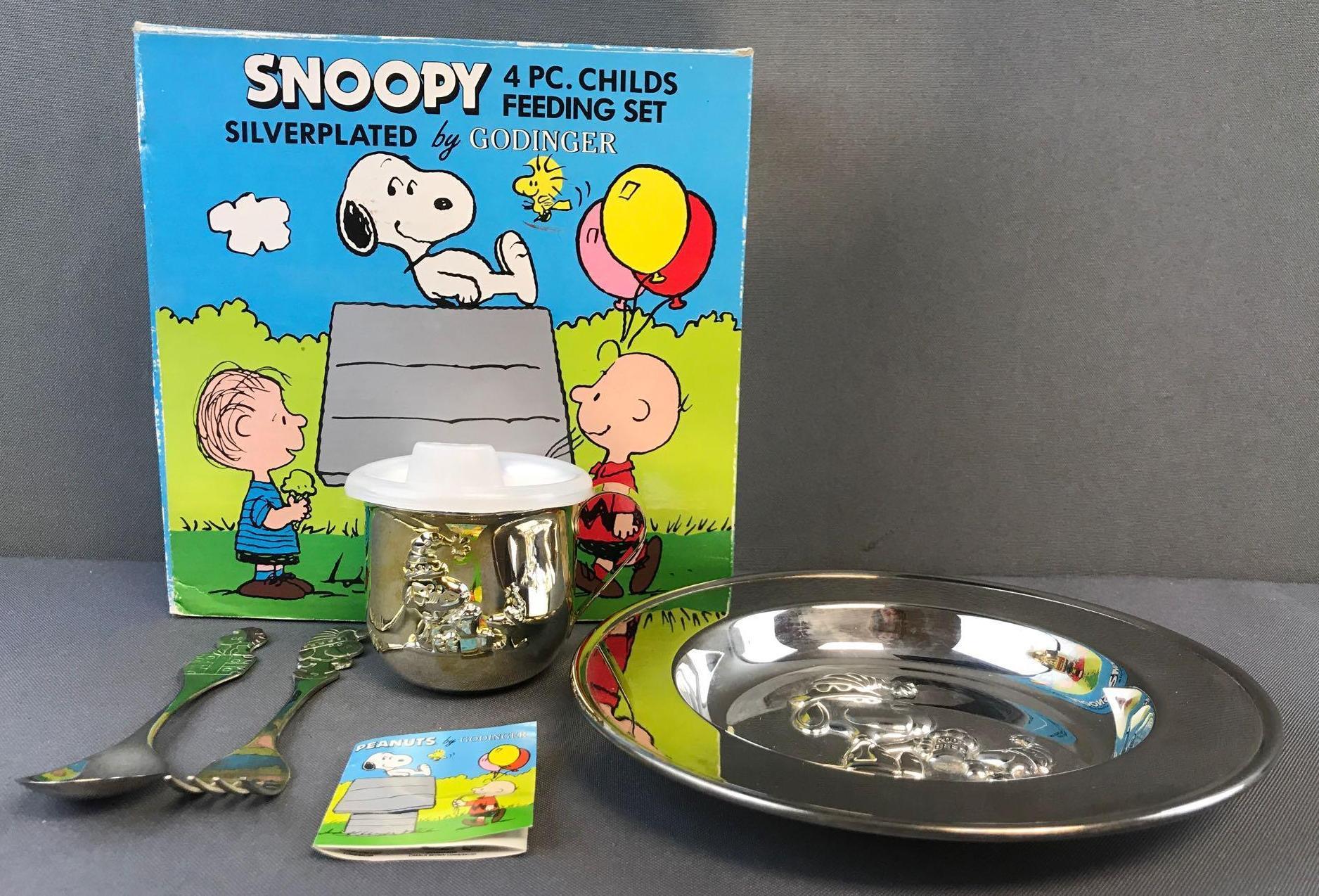 Silver plated by Godinger Snoopy 4-piece Childs Feeding Set in original box