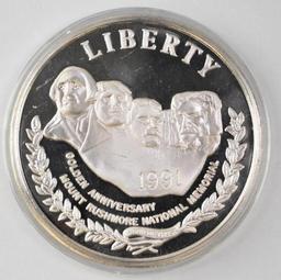 1991 Mount Rushmore One Troy Pound .999 Fine Silver Round