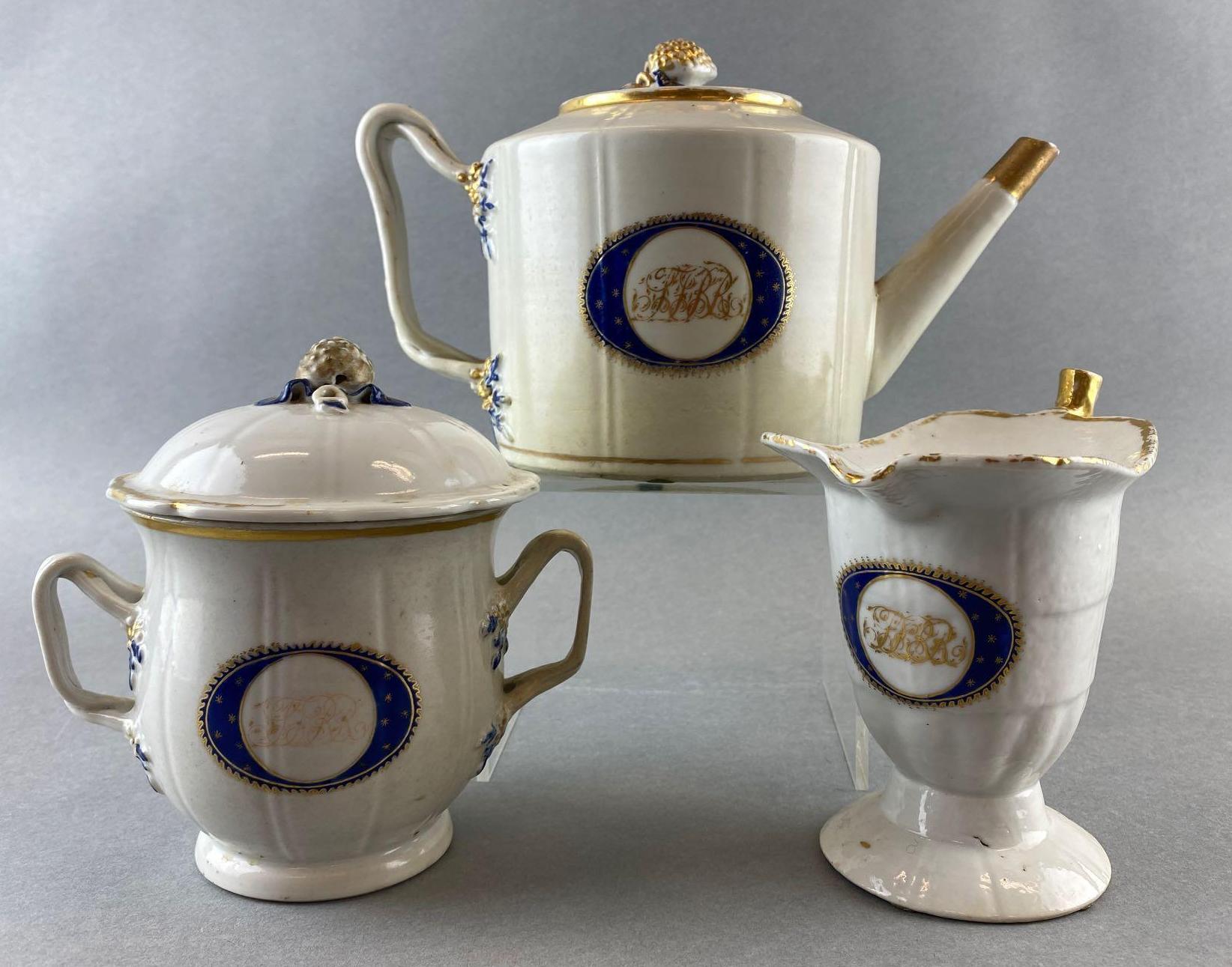 Set of 3 White Ceramic Tea Set Pieces Chinese export Nanking teapot creamer and sugar