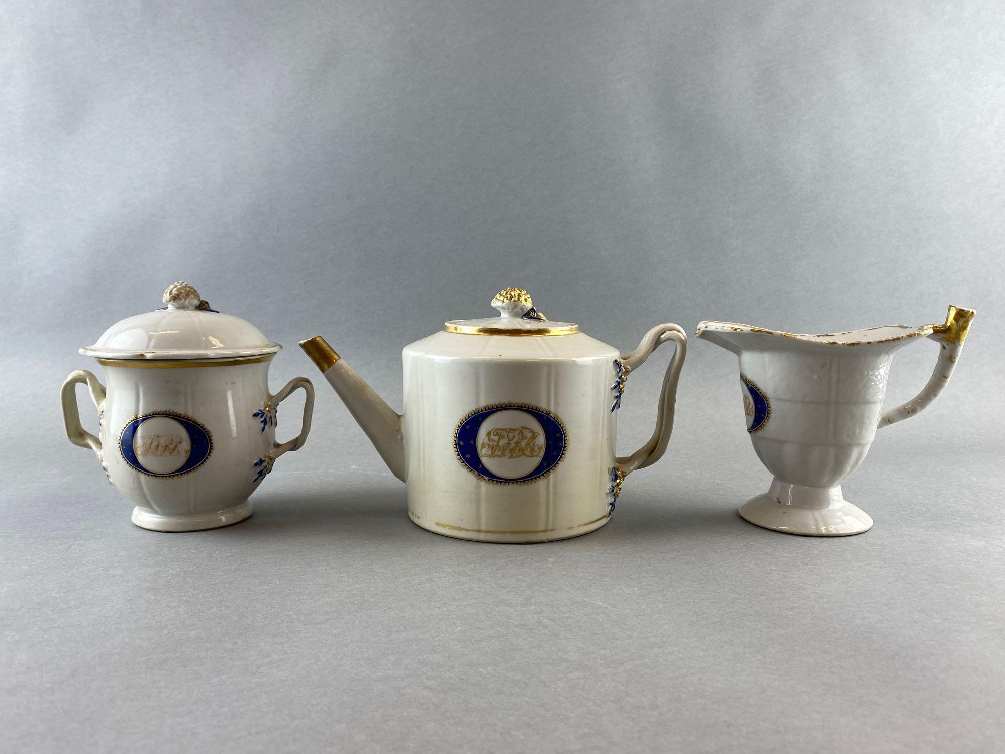 Set of 3 White Ceramic Tea Set Pieces Chinese export Nanking teapot creamer and sugar