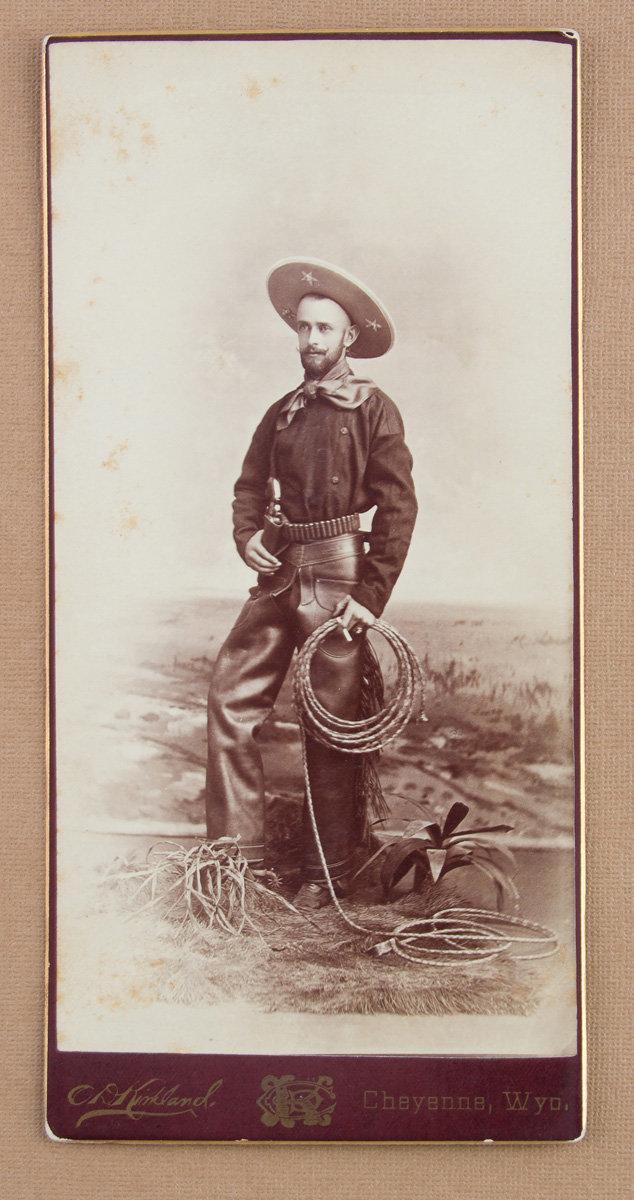 Vintage, "C.D. Kirkland Cheyenne, Wyo." marked Cabinet Card, 4" x 8 3/16", of a well dressed cowboy,