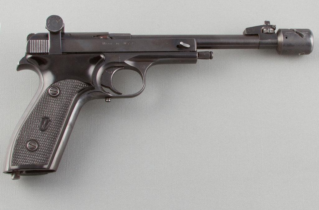 Cased Margolin, Tonsper Target Pistol, .22 LR Caliber, SN P6364T, 7 1/2" barrel with muzzle brake, o