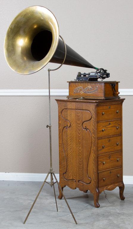 Antique, oak case, Edison Home Phonograph with original "Beehive" bonnet top, large metal and brass