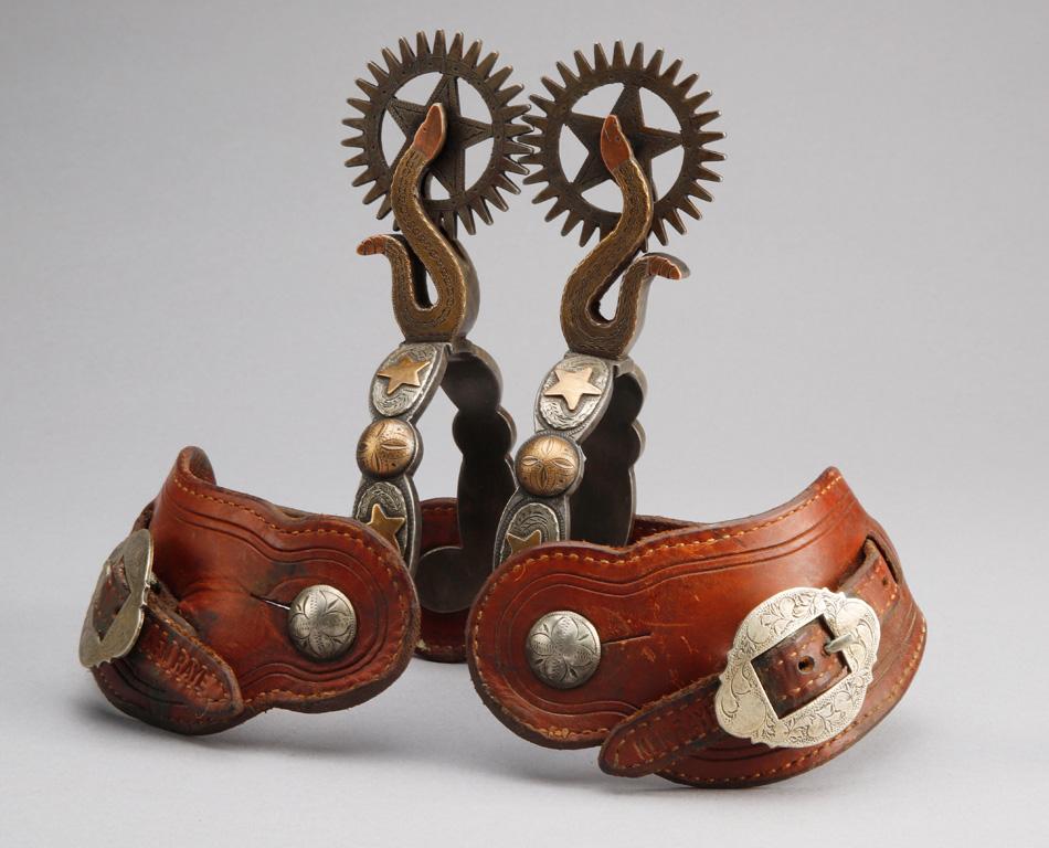 Ornate pair of rattlesnake pattern double mounted Spurs by the late Colorado Bit & Spur maker Jack F