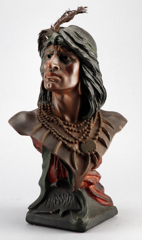 Antique chalk Saloon / Cigar Store Indian Bust titled "Hiawatha", 19 1/2" T x 12" W at shoulders, re