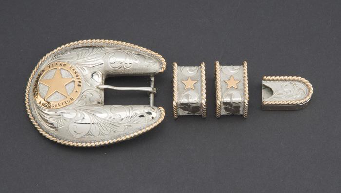 Beautiful four piece, 3/4", hand engraved Ranger Buckle Set with rope twist border, includes buckle,