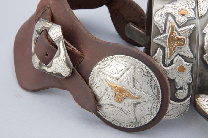 Awesome pair of Kevin Burns marked, double mounted Spurs with stars and steerhead pattern, 2 1/4" ro