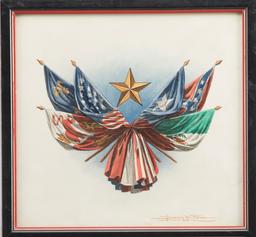 Framed Watercolor of important Flags by noted Texas Artist Donald M. Yena, dated 1968, signed and da