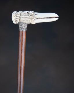 Vintage Walking Cane with rosewood shaft, 34 3/4" long, with engraved hallmarked spacer, carved Moth