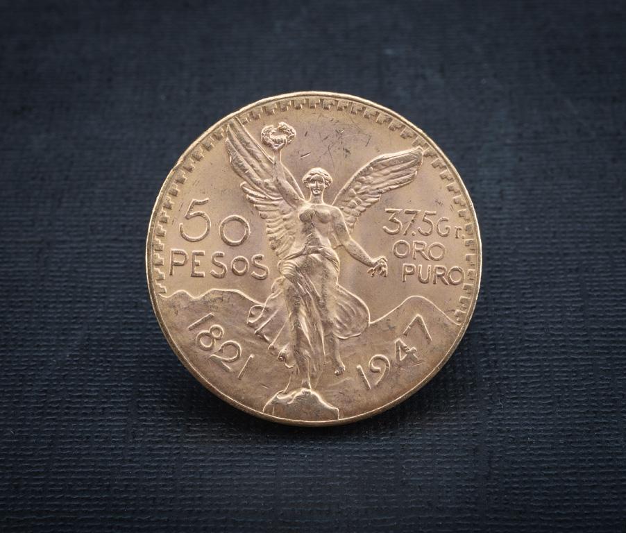 1947, 50 Peso Gold Coin with 37.5 grams of gold.  Excellent condition.