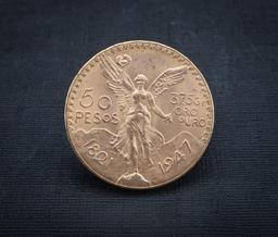1947, 50 Peso Gold Coin with 37.5 grams of gold.  Excellent condition.