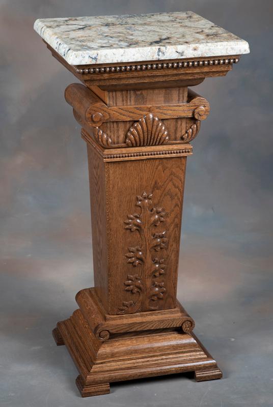 Antique oak Bronze Pedestal, circa 1900, with polished granite top,  tapered column and stair step b