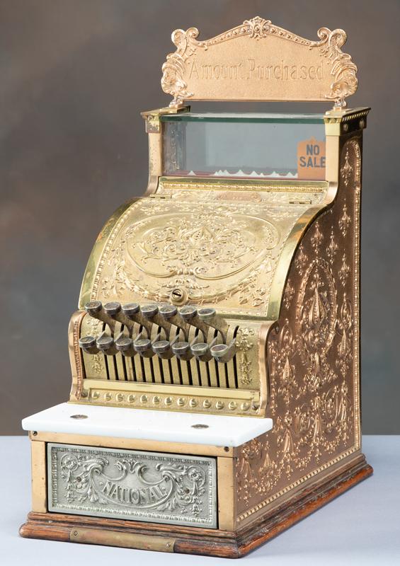Antique brass National Cash Register, Model 313, with brass "Amount of Purchase" marquee, Ser. No. 1