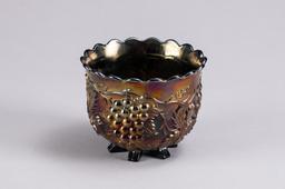 Carnival Glass footed Spooner in Grape and Cable Pattern, possibly Northwood, in beautiful blue / pu