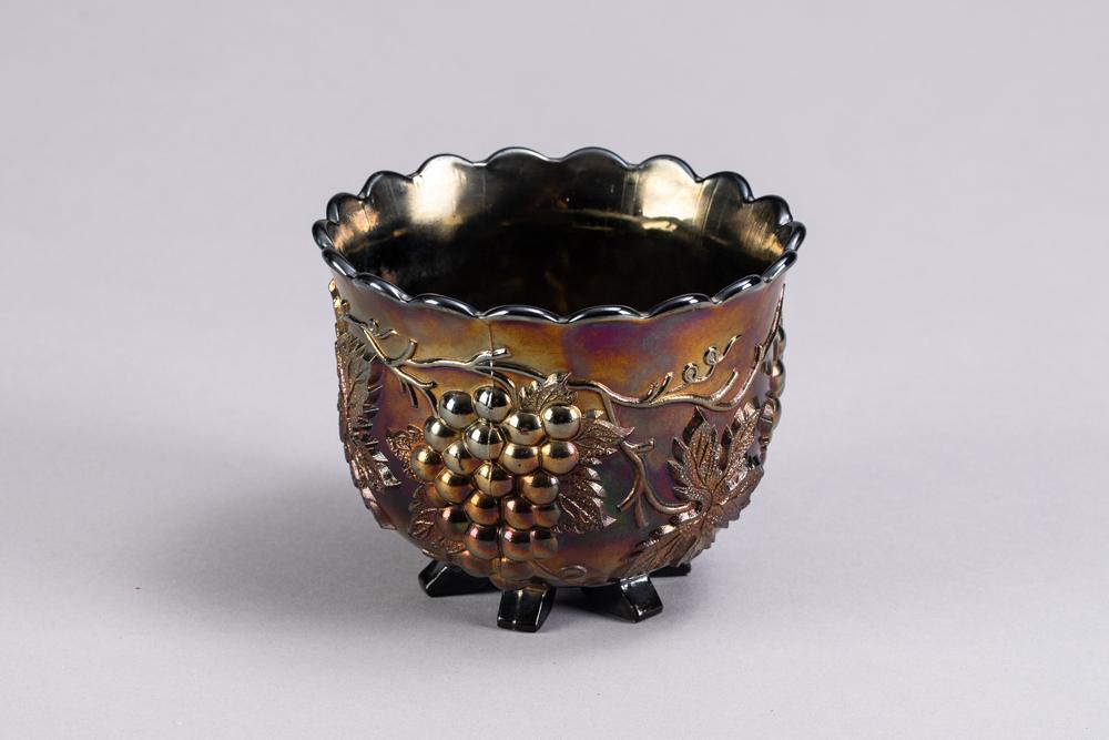 Carnival Glass footed Spooner in Grape and Cable Pattern, possibly Northwood, in beautiful blue / pu