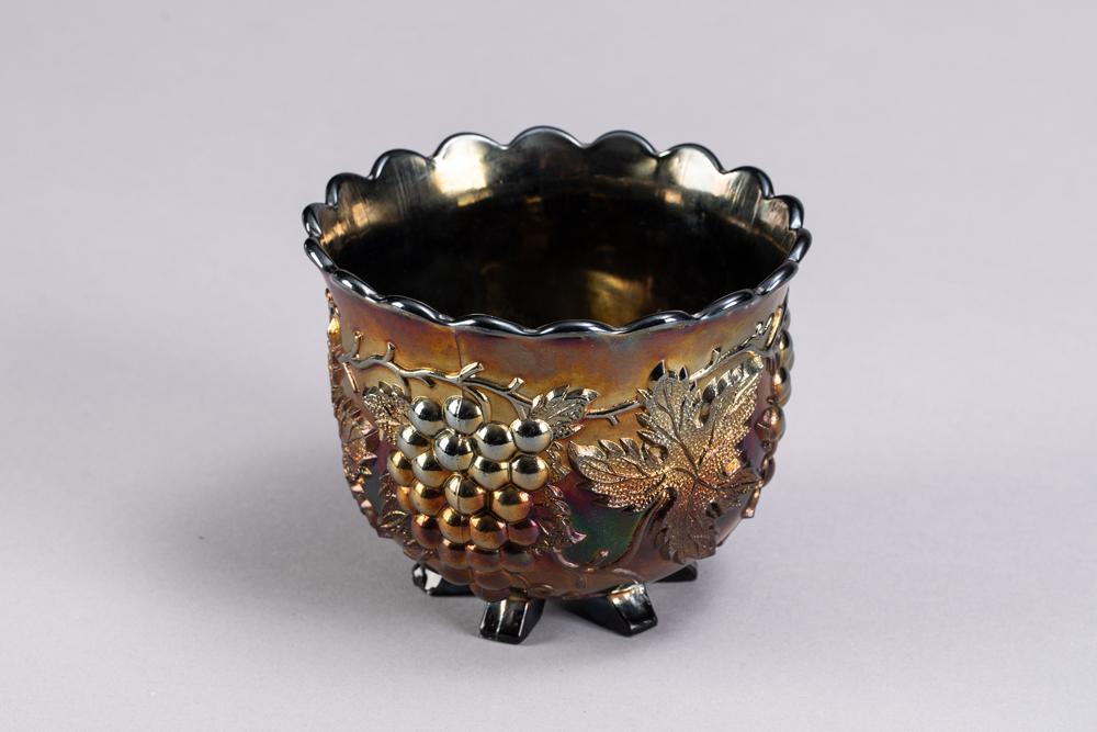 Carnival Glass footed Spooner in Grape and Cable Pattern, possibly Northwood, in beautiful blue / pu