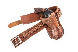Vintage Cartridge / Money Belt with matching unusual single loop Holster for a 5 1/2" revolver. Hols