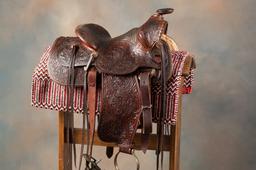 "Bob Marrs, Stockman's Saddlery, Amarillo, Texas" marked (3 times), tooled Saddle, circa late 1950s.