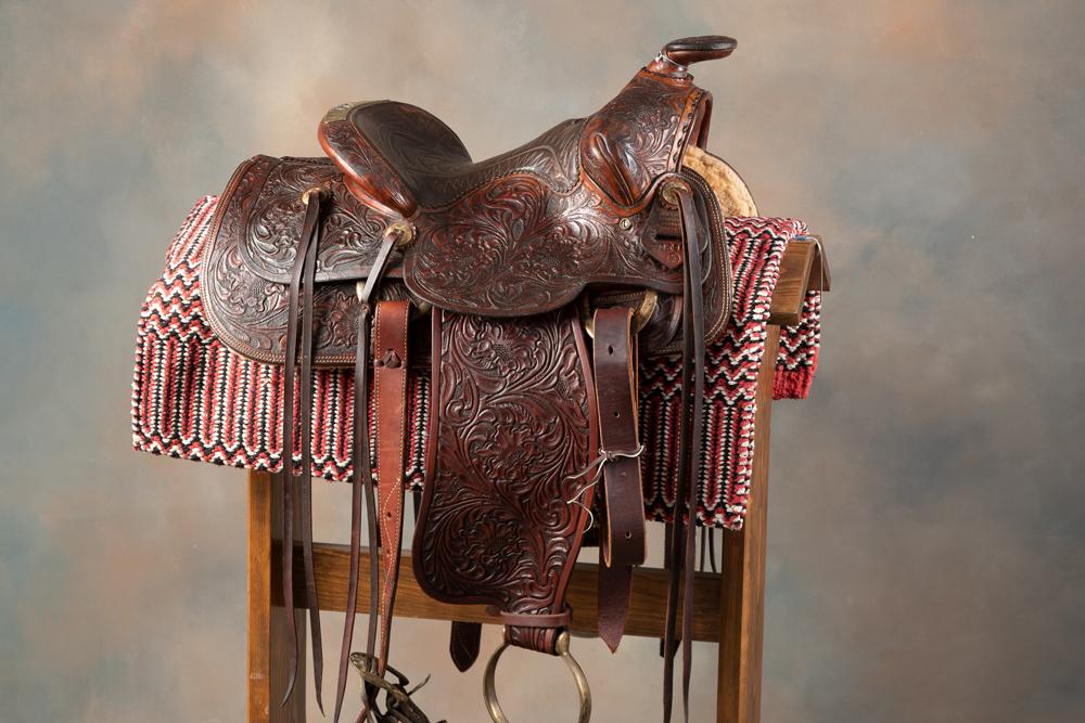 "Bob Marrs, Stockman's Saddlery, Amarillo, Texas" marked (3 times), tooled Saddle, circa late 1950s.
