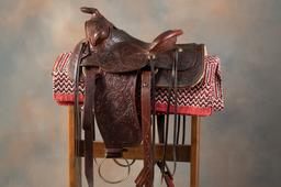 "Bob Marrs, Stockman's Saddlery, Amarillo, Texas" marked (3 times), tooled Saddle, circa late 1950s.