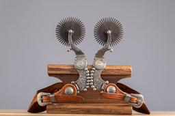 Awesome pair of Lytle & Mower double mounted Spurs with hand engraved silver overlay and beaded silv