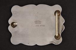 "Edward H. Bohlin" marked World Champion Trophy Buckle with initials "J.T.", measures 4" L  x 3" T,