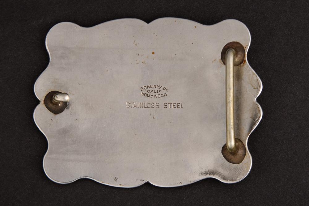 "Edward H. Bohlin" marked World Champion Trophy Buckle with initials "J.T.", measures 4" L  x 3" T,
