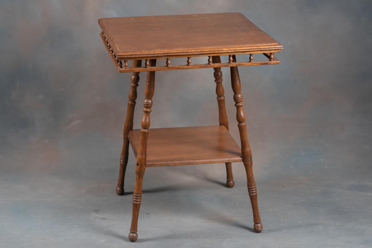 Antique oak Lamp Table with spindle skirt, circa 1900-1910, 24" square top x 30" T with suspended st